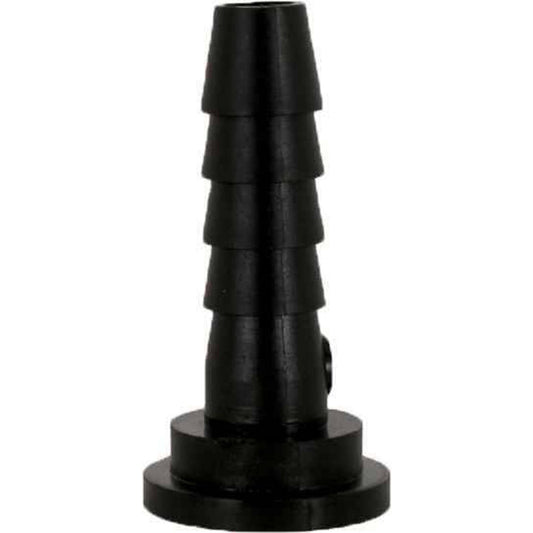 Black plastic barbed hose adapter fitting with a wide circular base and multi-step ribbed design.