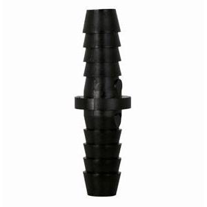 Black plastic 3/8-inch barbed hose mender fitting with a center collar for secure tubing connections.