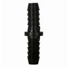 Black plastic 3/8-inch barbed hose mender fitting with a center collar for secure tubing connections.