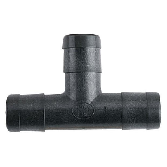 Black plastic T-shaped barbed irrigation fitting for connecting flexible tubing in plumbing systems.