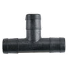 Black plastic T-shaped barbed irrigation fitting for connecting flexible tubing in plumbing systems.