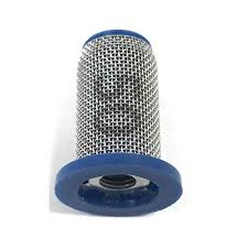 Cylindrical stainless steel mesh filter with blue plastic end caps and a threaded center port.
