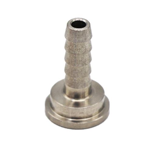 Stainless steel hose barb adapter with a flanged base and ribbed stem for secure tubing connections.
