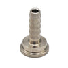 Stainless steel hose barb adapter with a flanged base and ribbed stem for secure tubing connections.
