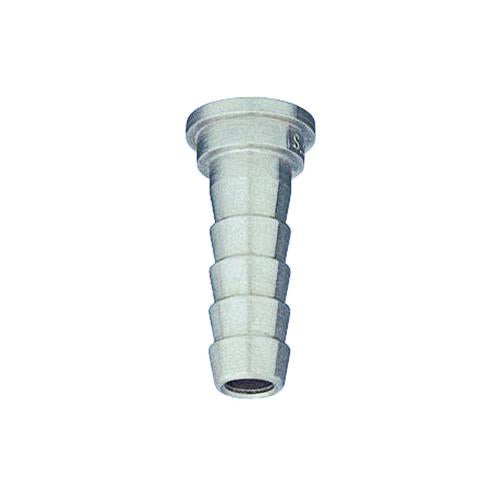 Stainless steel hose barb fitting with a flanged top and five-ribbed shank for secure tubing connections.