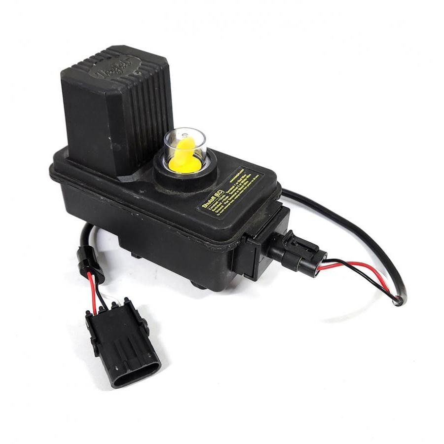 Black plastic fuel shutoff solenoid with a yellow indicator, wiring harness, and connector for industrial engine systems.