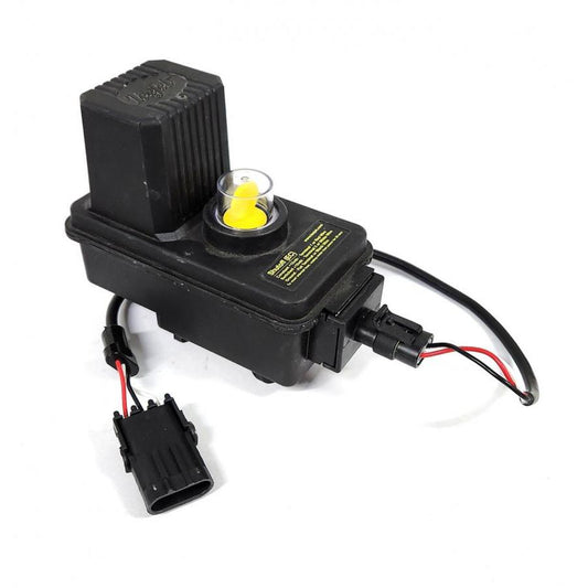 Black plastic fuel shutoff solenoid with a yellow indicator, wiring harness, and connector for industrial engine systems.