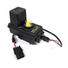 Black plastic fuel shutoff solenoid with a yellow indicator, wiring harness, and connector for industrial engine systems.