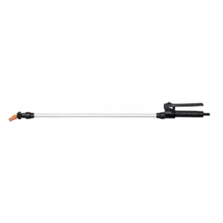 Long silver metal spray wand with a black trigger handle and orange nozzle for agricultural or garden sprayers.