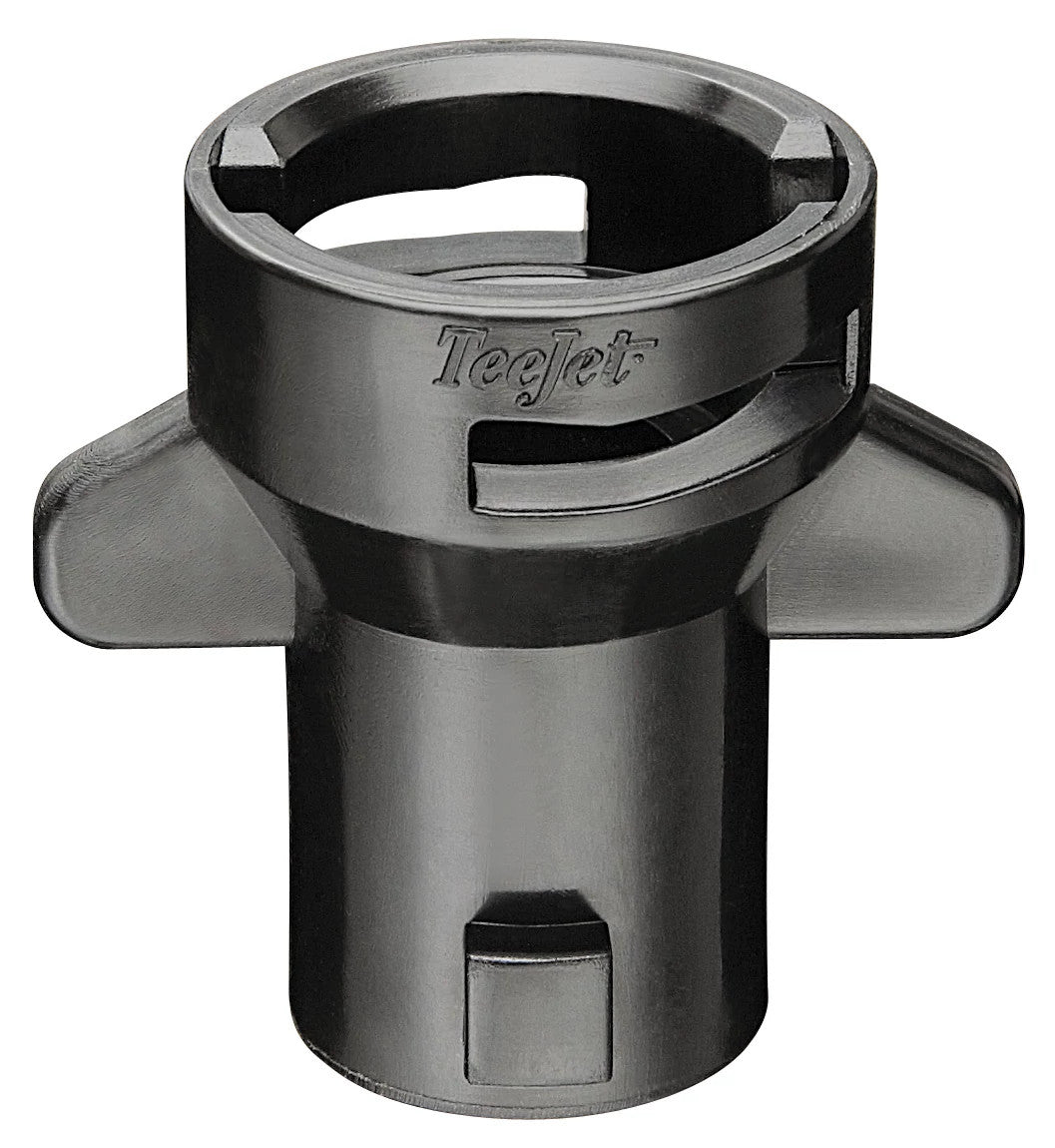 Black TeeJet 55240-CELR Quick TeeJet nozzle cap with side wings and a durable plastic bayonet-style locking design.