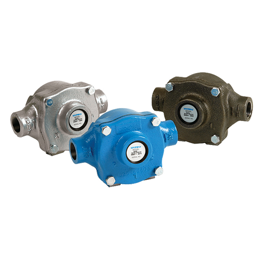Three Hypro 6500C-T3 centrifugal pump housings in silver, blue, and dark cast iron finishes with bolt-on covers.