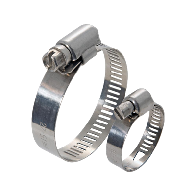 Two stainless steel worm gear hose clamps with adjustable screw mechanisms on a white background.