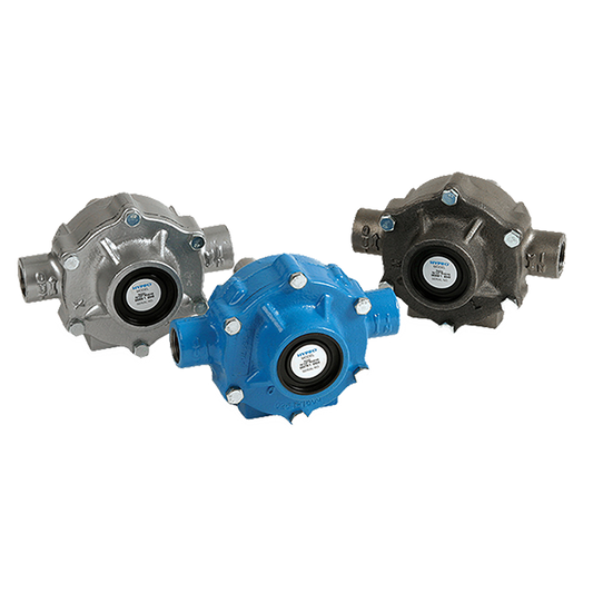 Three Hypro 7560C-T3 centrifugal pumps in silver, blue, and black cast iron with central ports and bolt-on construction.