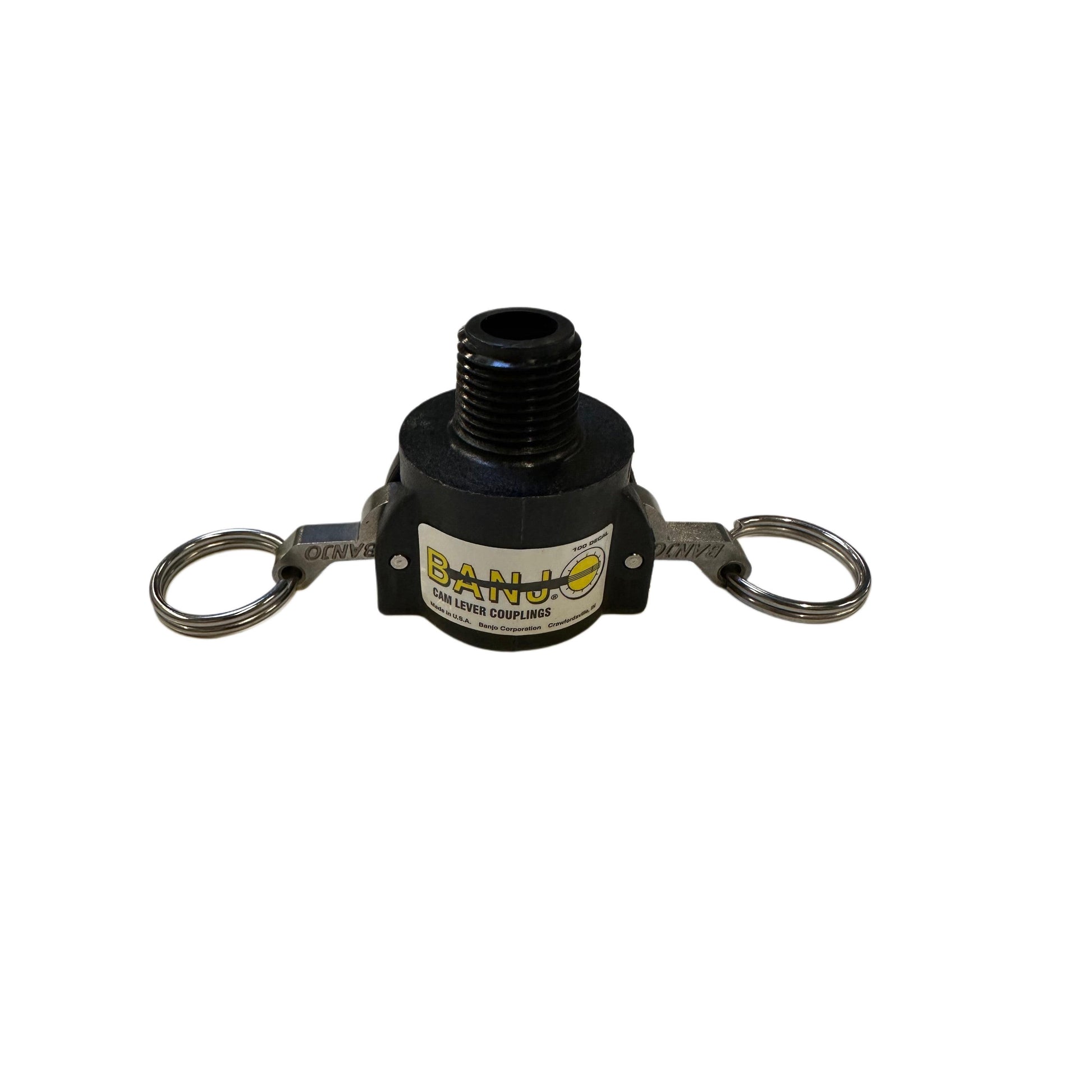 Banjo 75B1/2 black polypropylene cam lever coupling with threaded top and dual metal locking handles.