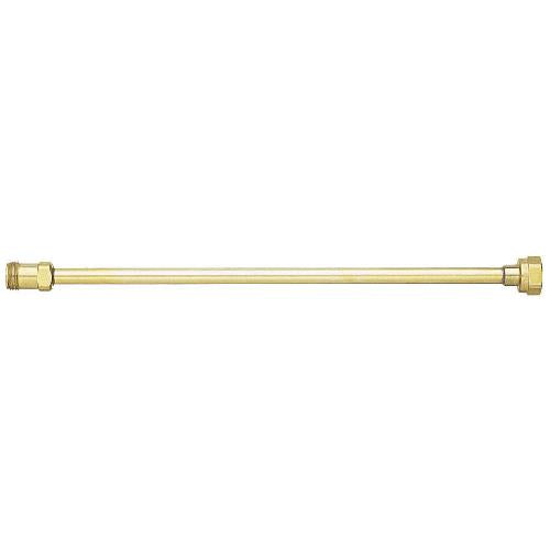 Long, straight brass extension wand with threaded metal connectors on both ends for plumbing or sprayer applications.