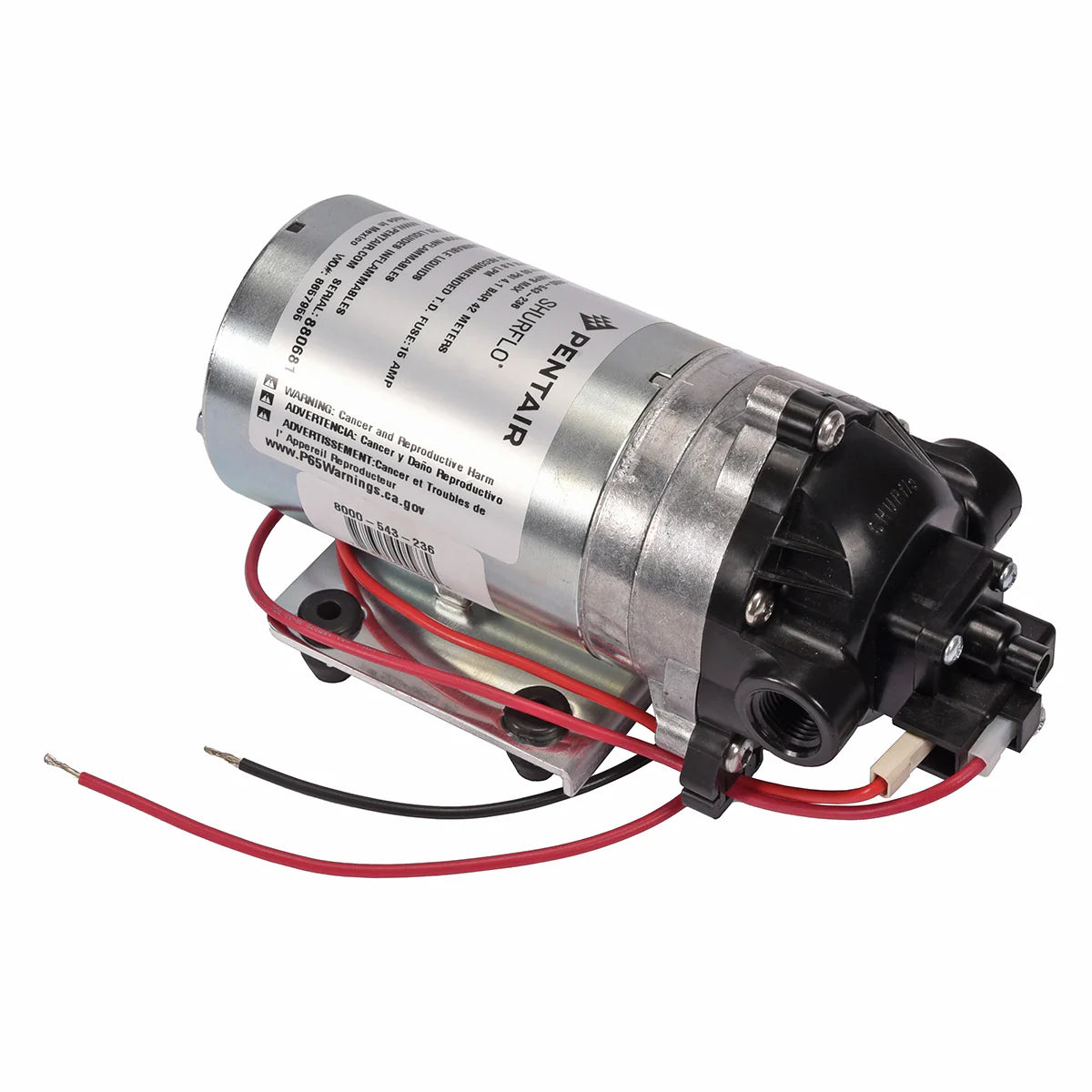 Pentair Shurflo 8000-543-237 diaphragm pump with silver metal housing, black plastic pump head, and red and black wiring.
