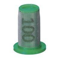 Cylindrical 100-mesh stainless steel filter with a green plastic base and top cap for industrial fluid filtration.