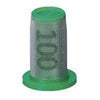 Cylindrical 100-mesh stainless steel filter with a green plastic base and top cap for industrial fluid filtration.