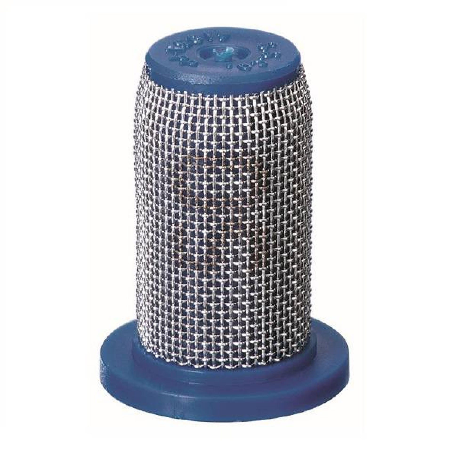 Cylindrical 8079-PP-50 filter with a fine stainless steel mesh screen and durable blue plastic end caps.
