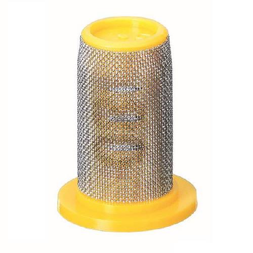 Cylindrical filter with a fine silver metal mesh screen and bright yellow plastic top and base caps.
