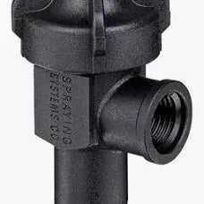 Black nylon 1/4-inch Spraying Systems Co. nozzle body with a threaded side port and durable industrial design.