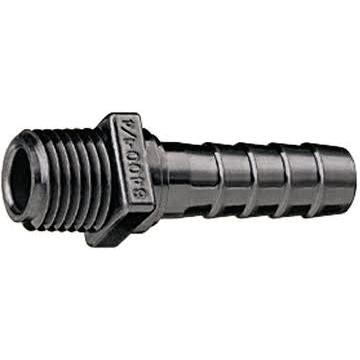 Black nylon 8400-T-406-NYB hose barb fitting with a threaded male end and hexagonal center nut.