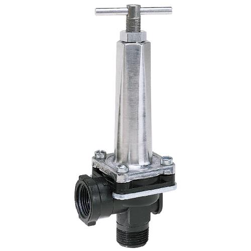 3/4-inch brass and black plastic water pressure regulator valve with a top-mounted T-handle adjustment screw.