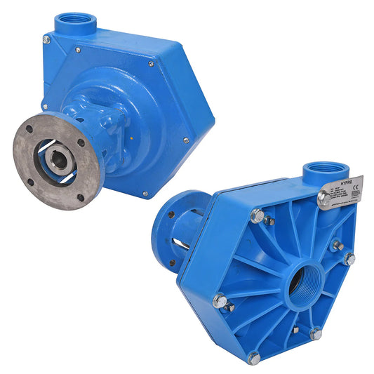 Hypro 9213P blue centrifugal pump with a flanged shaft, threaded ports, and reinforced housing design.