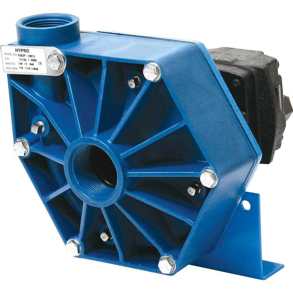 Hypro 9303P-HM5C centrifugal pump featuring a blue cast iron housing, threaded ports, and silver mounting bolts.