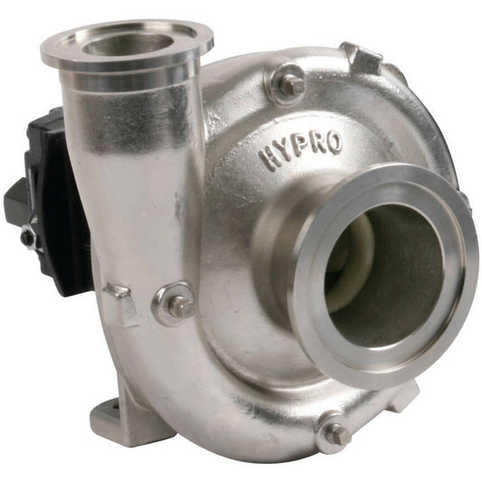 Hypro 9306S-HM1C-U stainless steel centrifugal pump with flanged ports and a durable cast metal housing.