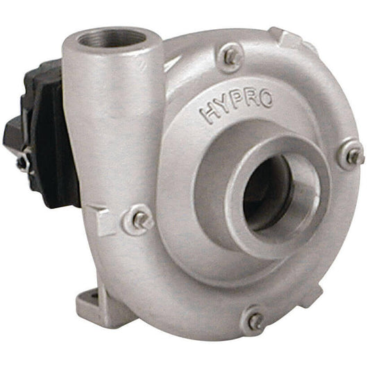 Hypro 9306S-HM3C silver stainless steel centrifugal pump with a circular housing and threaded inlet and outlet ports.