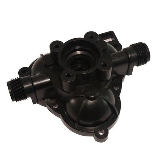 Black plastic pump housing replacement part with threaded ports and mounting holes for plumbing systems.