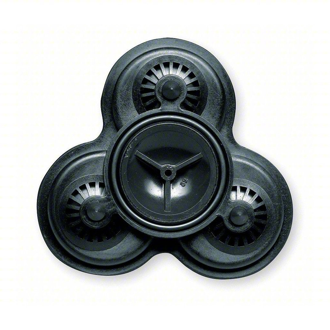 Black plastic triple-head replacement shaver blade unit with a central mounting post and slotted circular cutters.