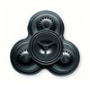 Black plastic triple-head replacement shaver blade unit with a central mounting post and slotted circular cutters.