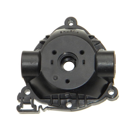 Black plastic Shurflo pump head replacement part with circular center port and two side-facing directional arrows.