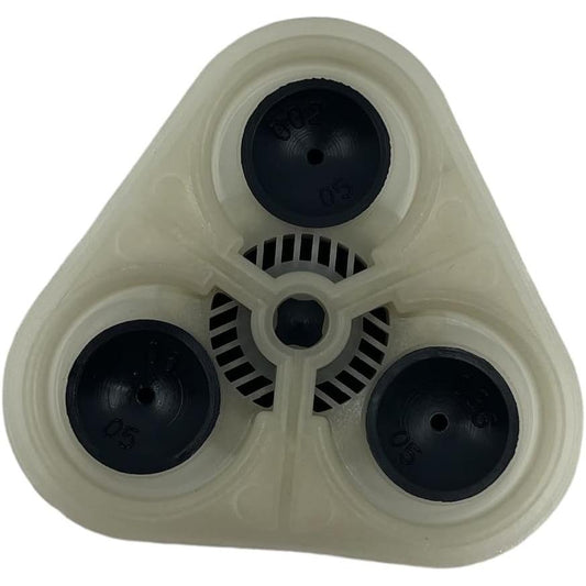 Triangular white plastic shaver replacement head with three black circular blades and a central gear mechanism.