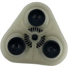 Triangular white plastic shaver replacement head with three black circular blades and a central gear mechanism.