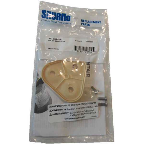 Shurflo 94-395-06 replacement diaphragm kit with a beige triangular valve, mounting screws, and manual in a plastic bag.
