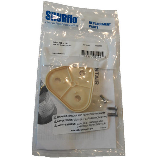 Shurflo 94-395-06 replacement diaphragm kit with a beige triangular valve, mounting screws, and manual in a plastic bag.