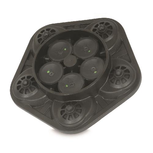 Black pentagonal plastic furniture base with five integrated caster wheels and a central circular mounting plate.