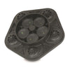Black pentagonal plastic furniture base with five integrated caster wheels and a central circular mounting plate.