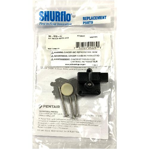 Shurflo 94-910-02 replacement switch kit featuring a black plastic switch, white button, and two mounting screws in packaging.