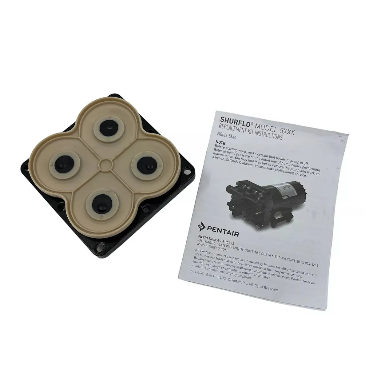 Shurflo 94-910-04 replacement pump valve assembly with four circular rubber seals and included instruction manual.