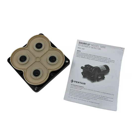 Shurflo 94-910-04 replacement pump valve assembly with four circular rubber seals and included instruction manual.