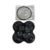 Black plastic four-port manifold assembly with a circular rubber O-ring seal in a clear plastic bag.