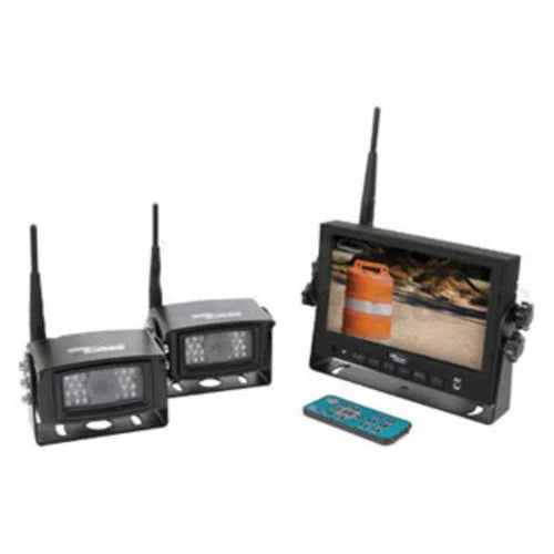 Wireless backup camera system with two black cameras, a monitor displaying a traffic barrel, and a remote control.