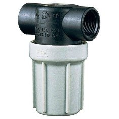 Black polypropylene T-style line strainer with a light gray bowl and 1/2-inch threaded ports for fluid filtration.