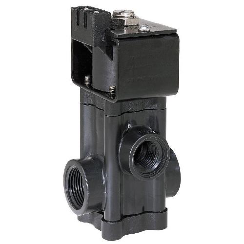 AA144A-1 black plastic solenoid valve with threaded ports and top-mounted electrical connector.