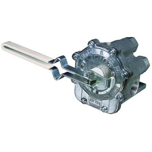 AA17Y metal industrial valve with a long white handle and silver circular housing on a white background.