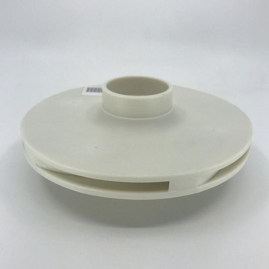Off-white plastic pump impeller with a central hub and curved internal vanes on a plain white background.